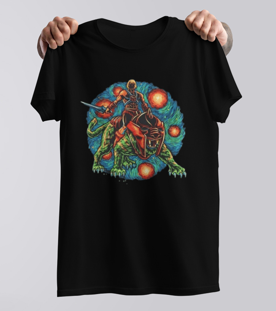 He Man And Battle Cat Starry Night Strength Courage Van Gogh Fusion T-Shirt