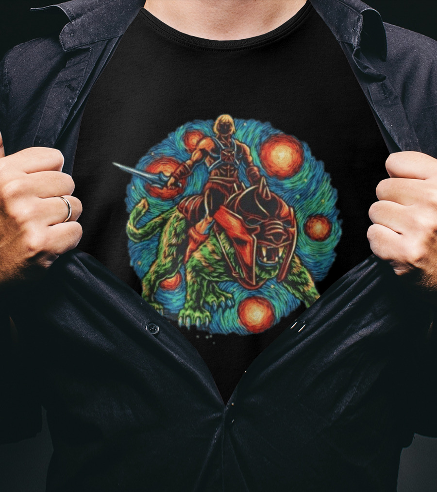 He Man And Battle Cat Starry Night Strength Courage Van Gogh Fusion T-Shirt
