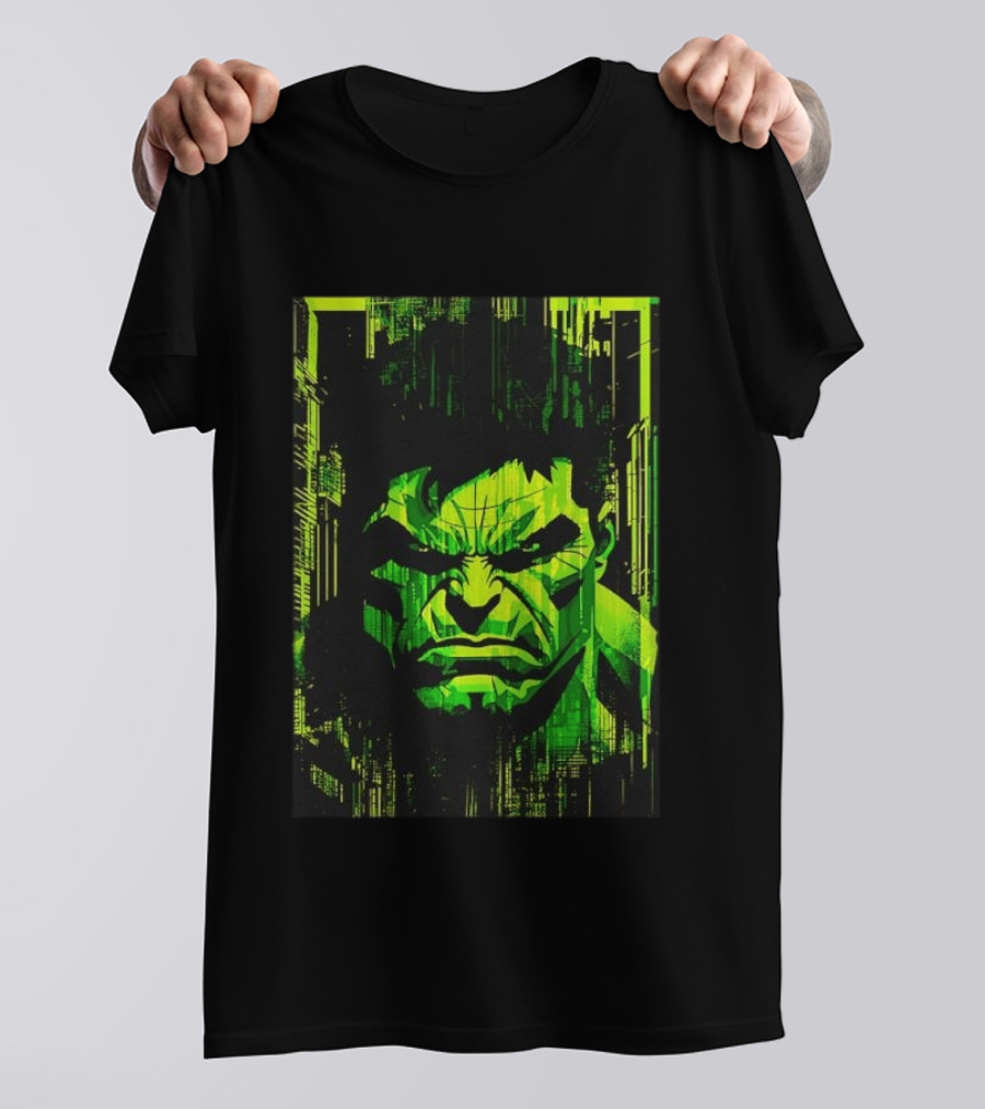 Hulk Glitch Digital Green Abstract Face T-Shirt