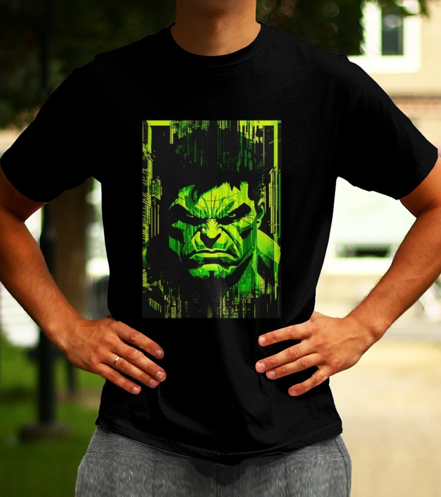 Hulk Glitch Digital Green Abstract Face T-Shirt