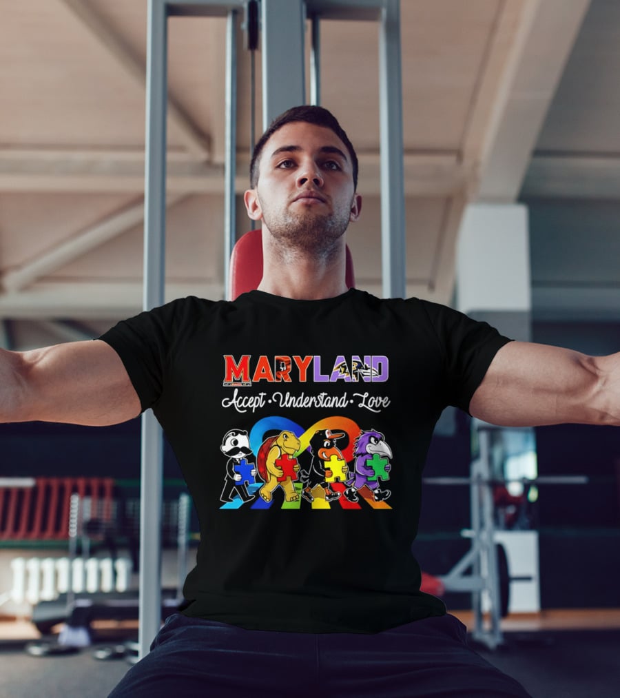 Maryland Pride Accept Understand Love With Sports Mascots And Puzzle Pieces T-Shirt