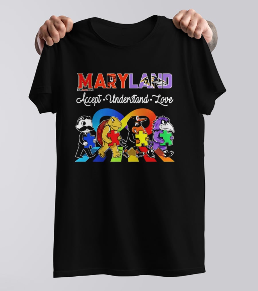 Maryland Pride Accept Understand Love With Sports Mascots And Puzzle Pieces T-Shirt