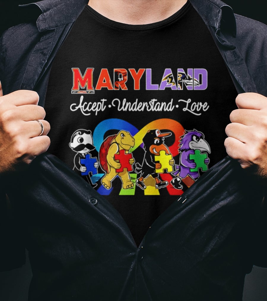 Maryland Pride Accept Understand Love With Sports Mascots And Puzzle Pieces T-Shirt