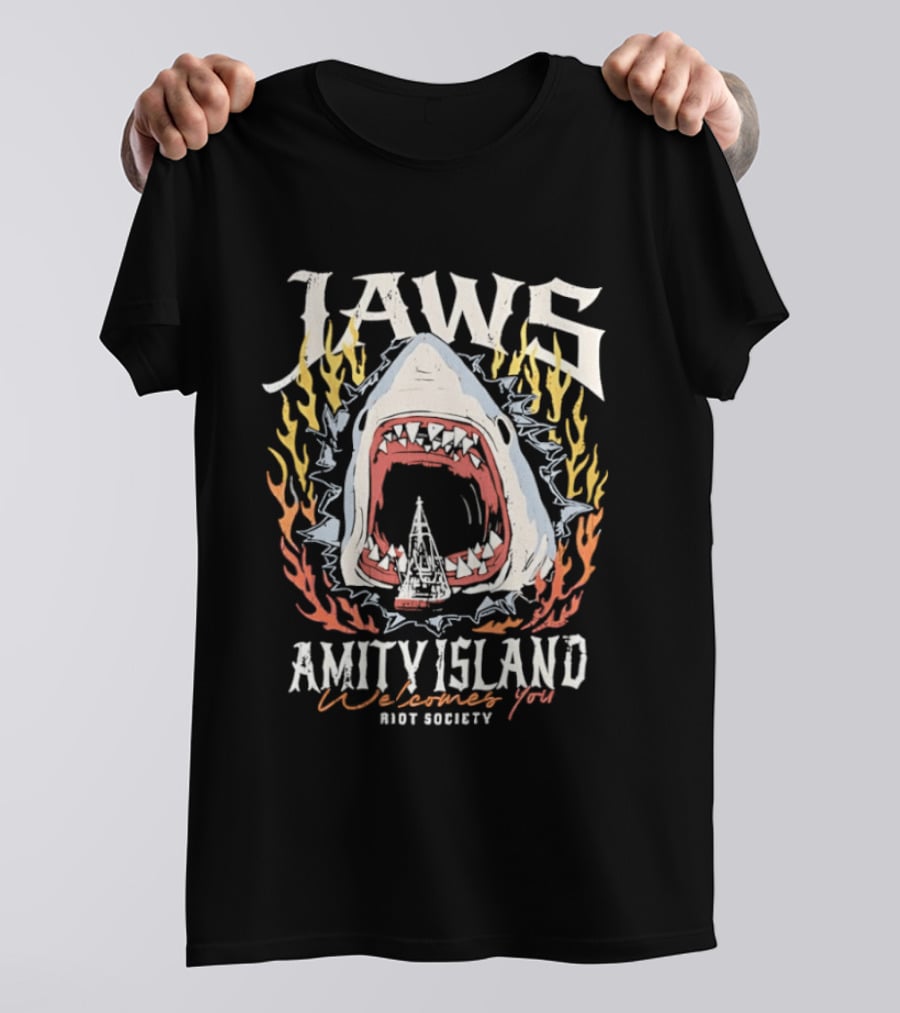 Jaws Amity Island Welcomes You Shark Eating Riot Society T-Shirt