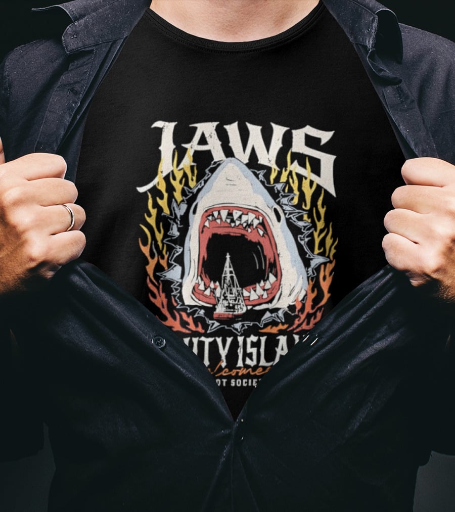 Jaws Amity Island Welcomes You Shark Eating Riot Society T-Shirt