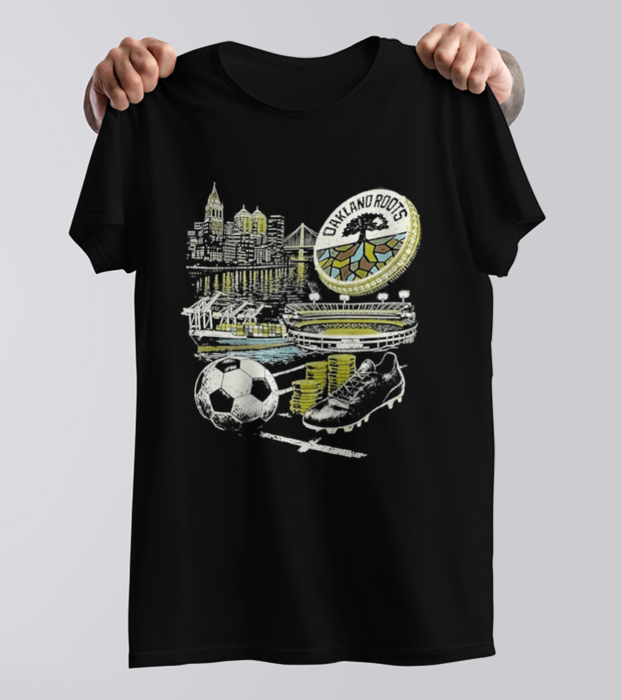 Oakland Roots Skyline Soccer Ball Stadium Ship And Coins T-Shirt