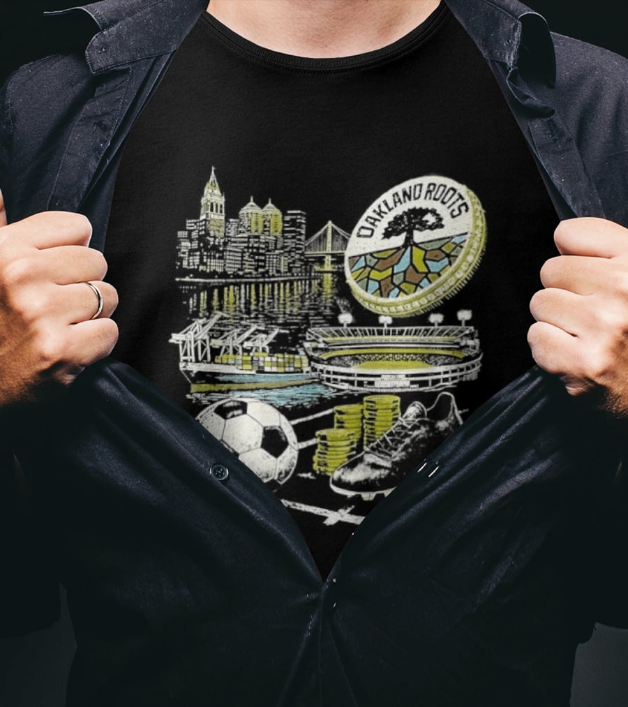 Oakland Roots Skyline Soccer Ball Stadium Ship And Coins T-Shirt