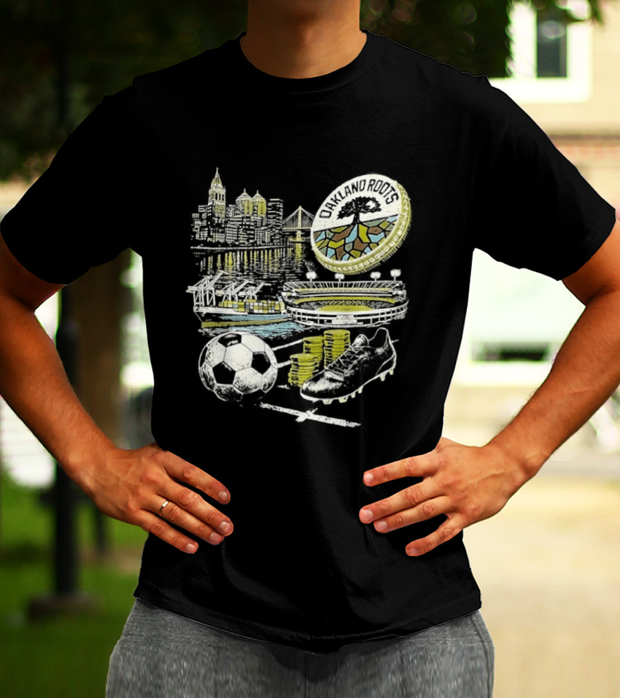 Oakland Roots Skyline Soccer Ball Stadium Ship And Coins T-Shirt