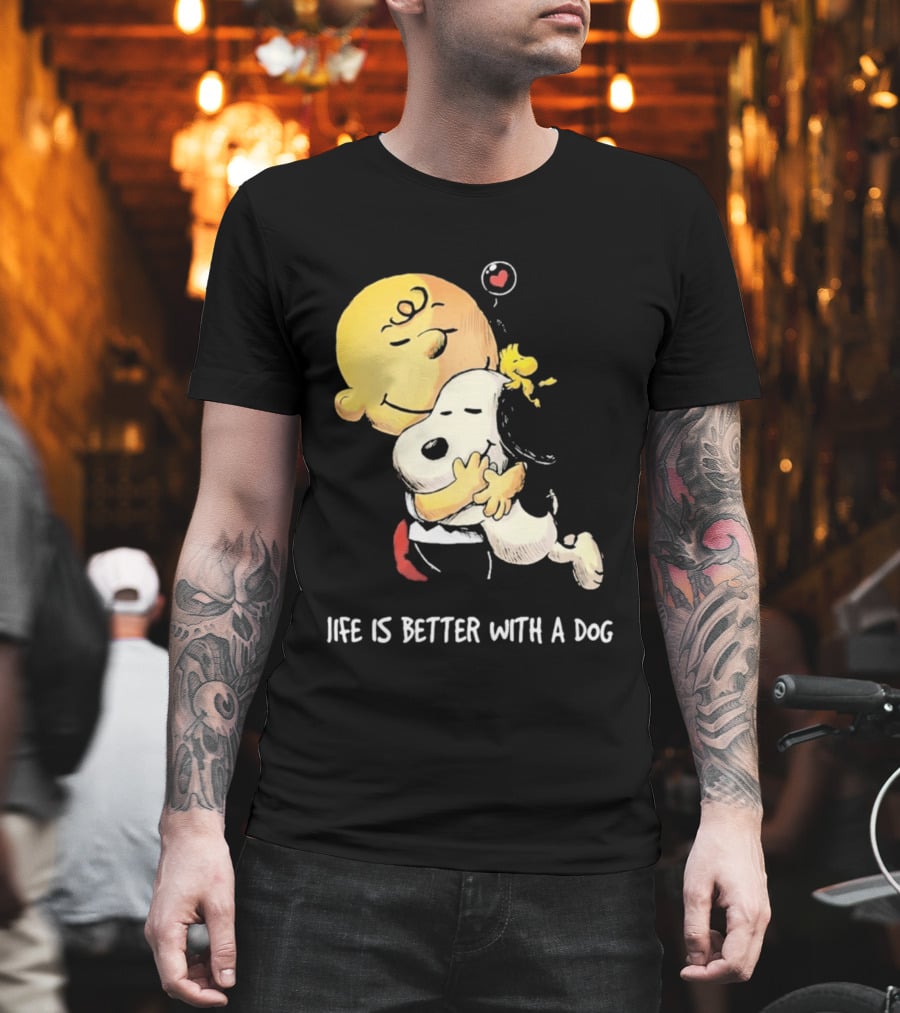 Snoopy Charlie Brown Life Is Better With A Dog Hugging Heart T-Shirt