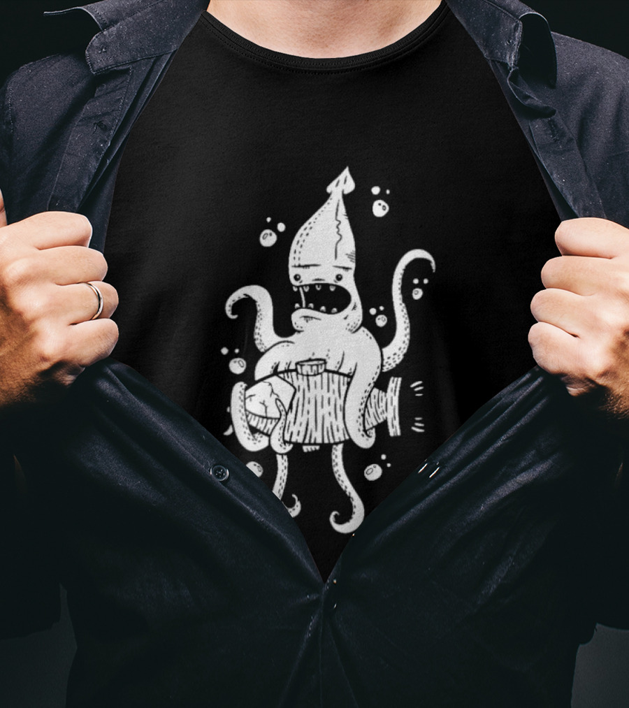 Squid Monster With Barrel Sea Creature Ocean Adventure T-Shirt