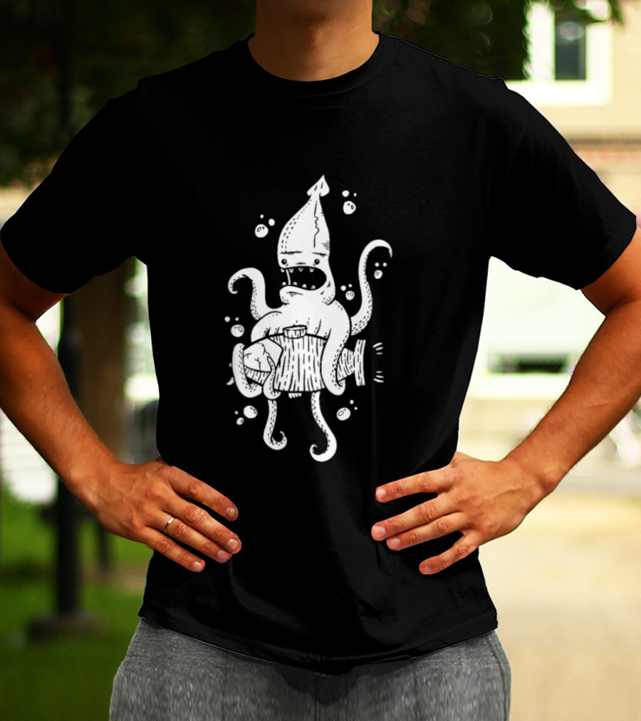 Squid Monster With Barrel Sea Creature Ocean Adventure T-Shirt