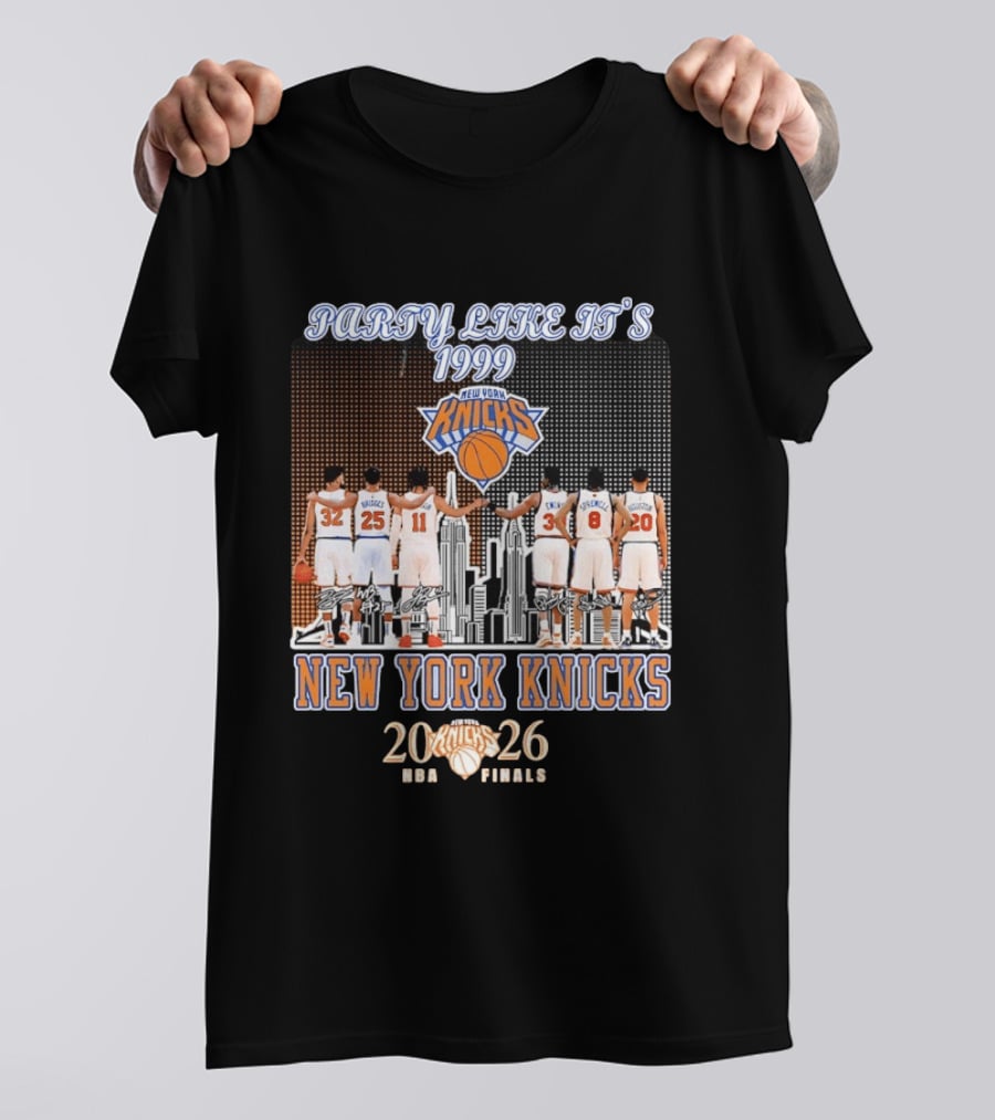 New York Knicks Party Like It's 1999 NBA Finals 2026 Karl Anthony Towns Mikal Bridges Jalen Brunson Patrick Ewing Latrell Sprewell T-Shirt