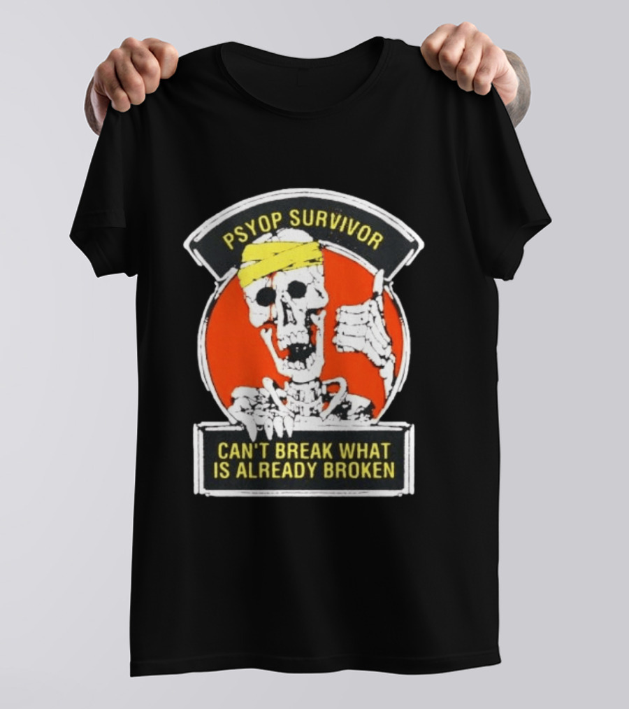 Psyop Survivor Skeleton Can't Break What Is Already Broken Yellow Bandana Thumbs Up T-Shirt