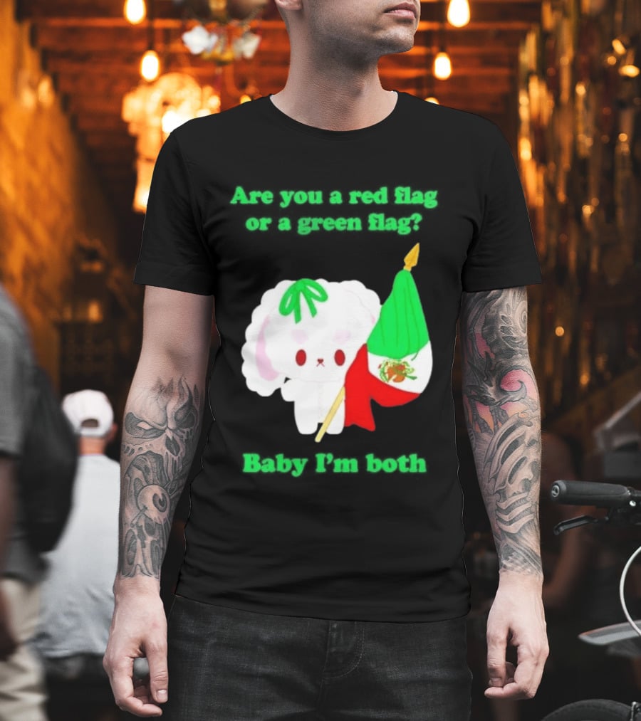 Nonomochi Mexico Flag Are You A Red Flag Or A Green Flag Cute Bunny Holding Mexican Flag T-Shirt
