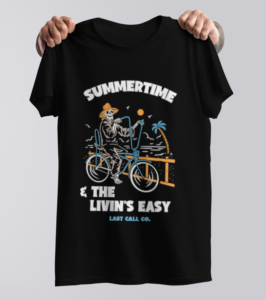 Summertime And The Livin's Easy Last Call Co Skeleton Bicycle Beach Scene T-Shirt