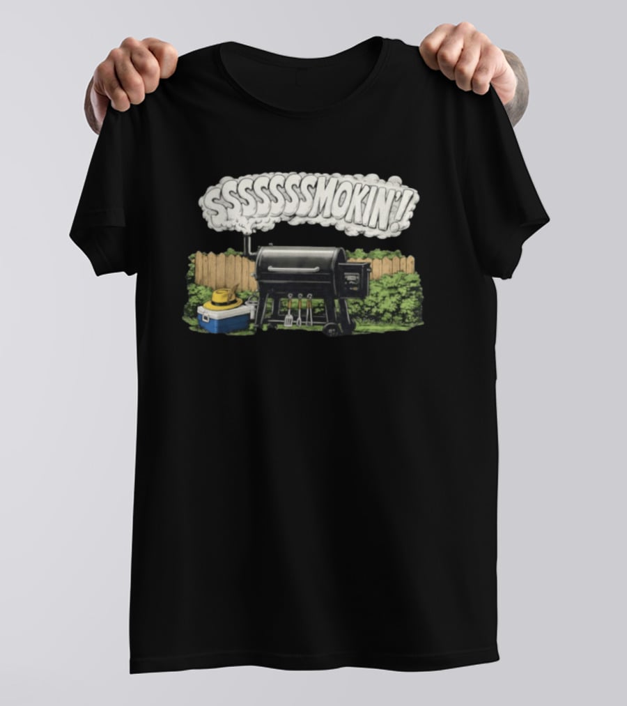 Ssssssmokin Pellet Grill Backyard Barbecue Scene T-Shirt
