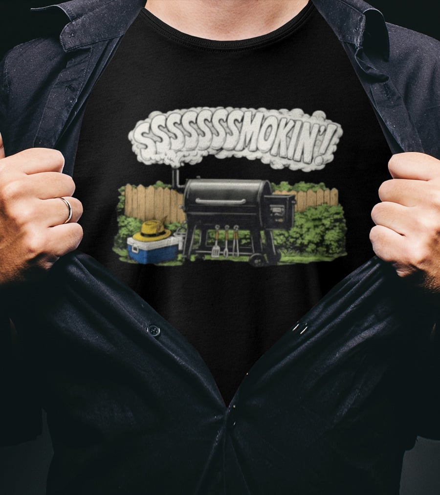 Ssssssmokin Pellet Grill Backyard Barbecue Scene T-Shirt