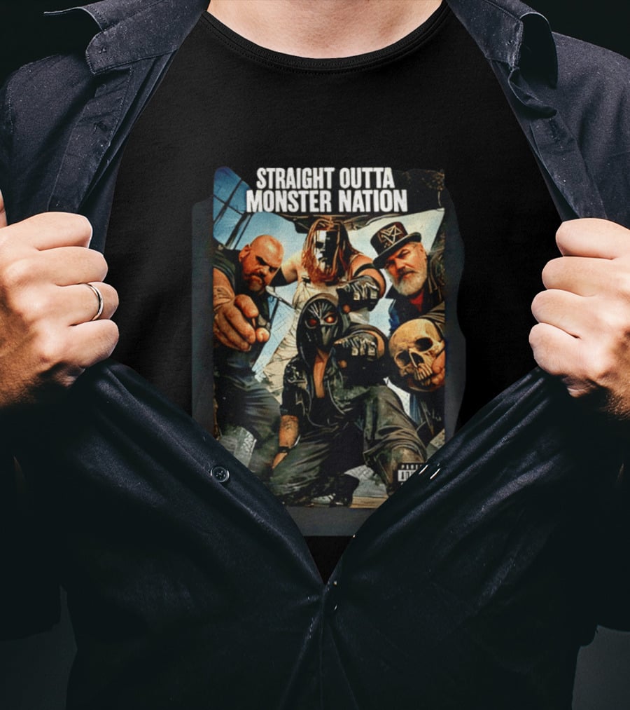 Straight Outta Monster Nation Group Pose With Skulls And Masks T-Shirt