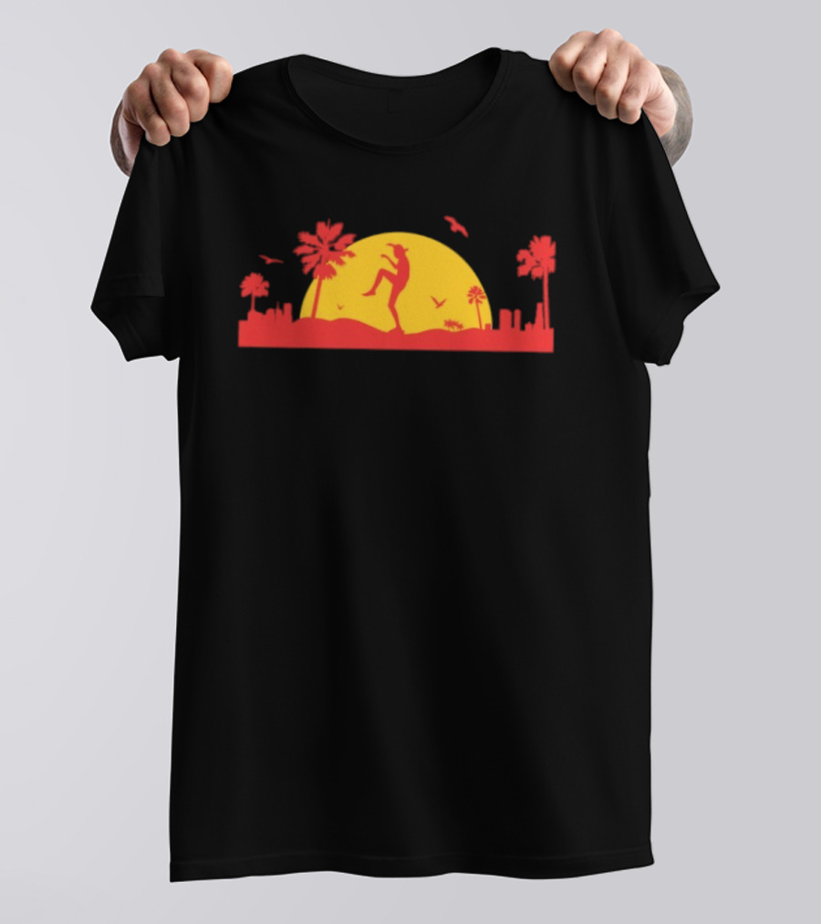 Sunset Crane Club Martial Arts Silhouette With Palm Trees And Birds T-Shirt