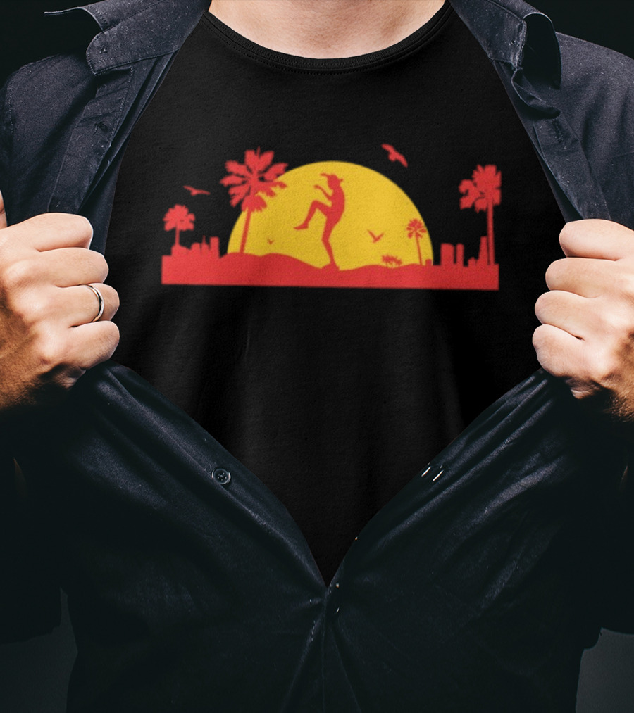 Sunset Crane Club Martial Arts Silhouette With Palm Trees And Birds T-Shirt