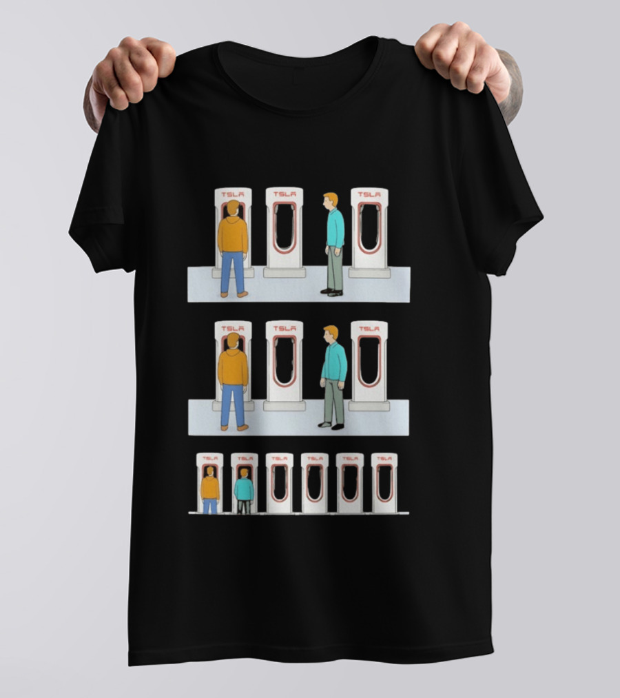 Tesla Comic Strip Charging Supercharger Urinals Parking Humor T-Shirt