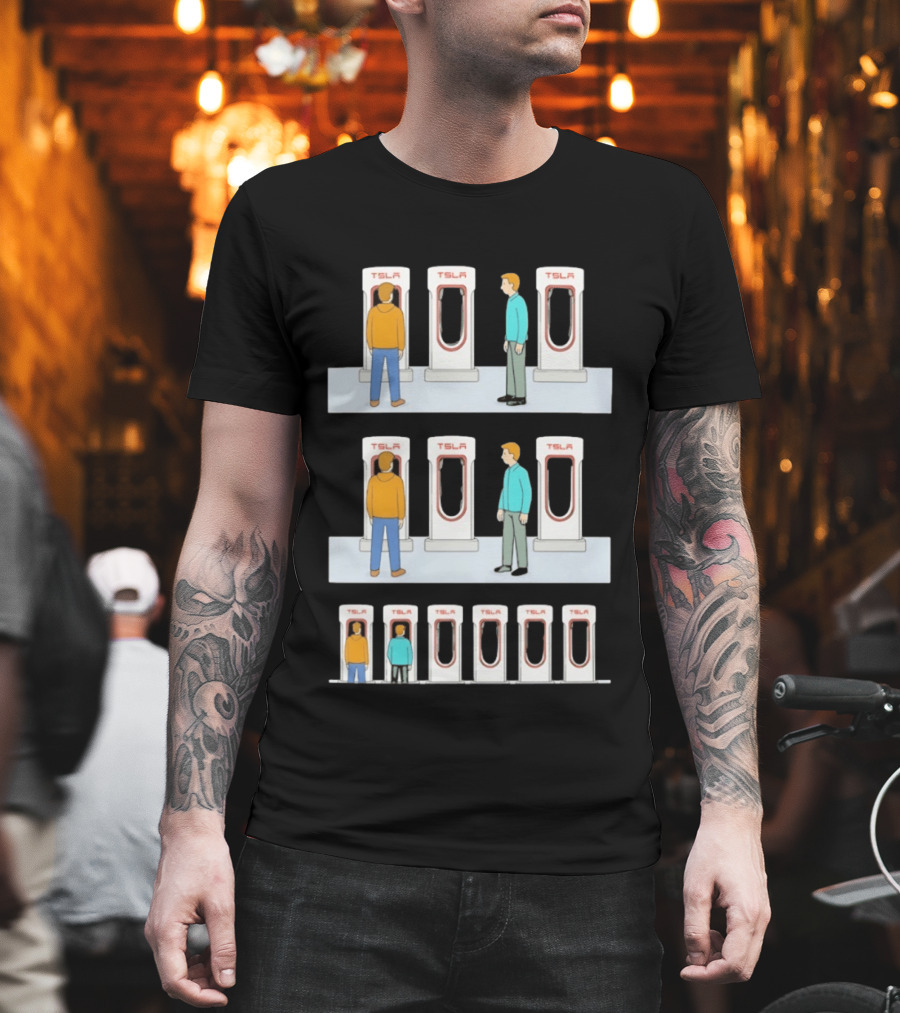 Tesla Comic Strip Charging Supercharger Urinals Parking Humor T-Shirt
