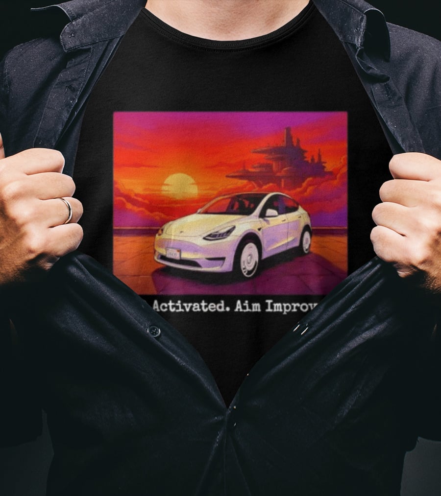 Tesla Model Y FSD Activated Aim Improved Sunset Futuristic City Scene T-Shirt