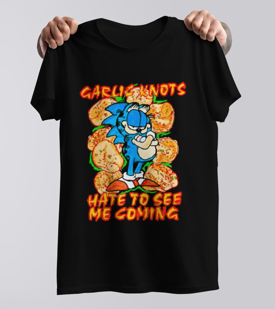 Garlic Knots Hate To See Me Coming Blue Character Surrounded By Cheesy Snacks T-Shirt