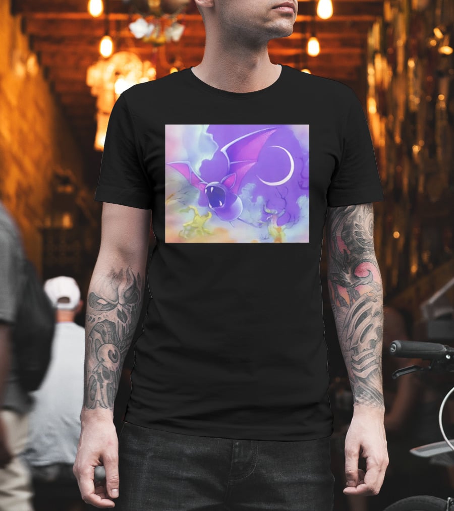 Spooky Bat With Pink Wings Flying Under Crescent Moon Halloween Night Scene T-Shirt