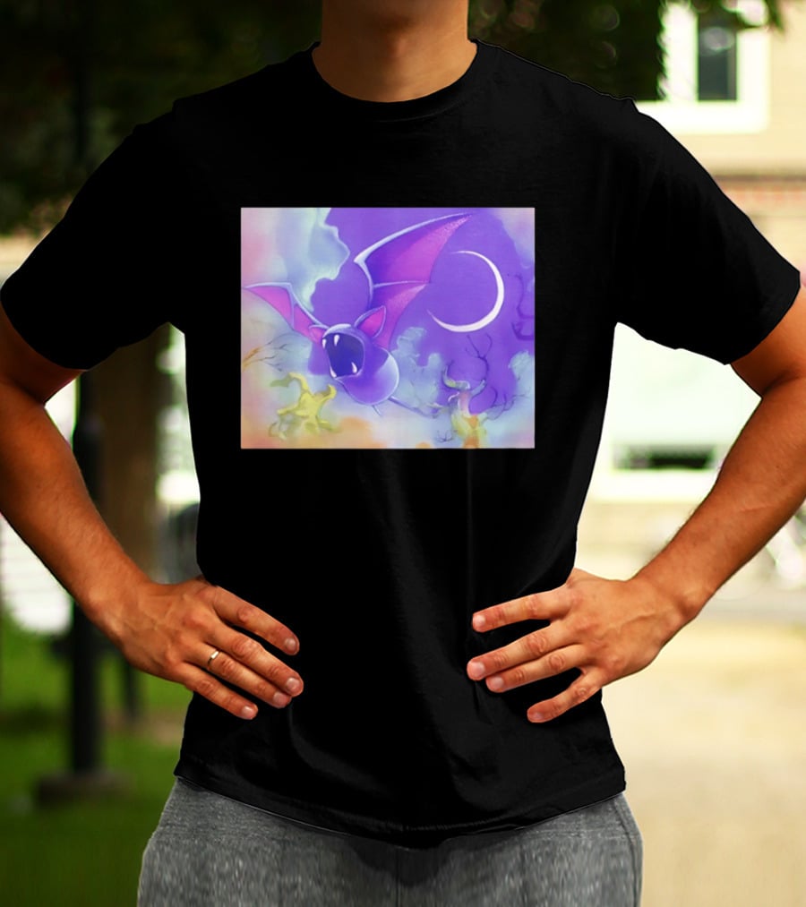 Spooky Bat With Pink Wings Flying Under Crescent Moon Halloween Night Scene T-Shirt