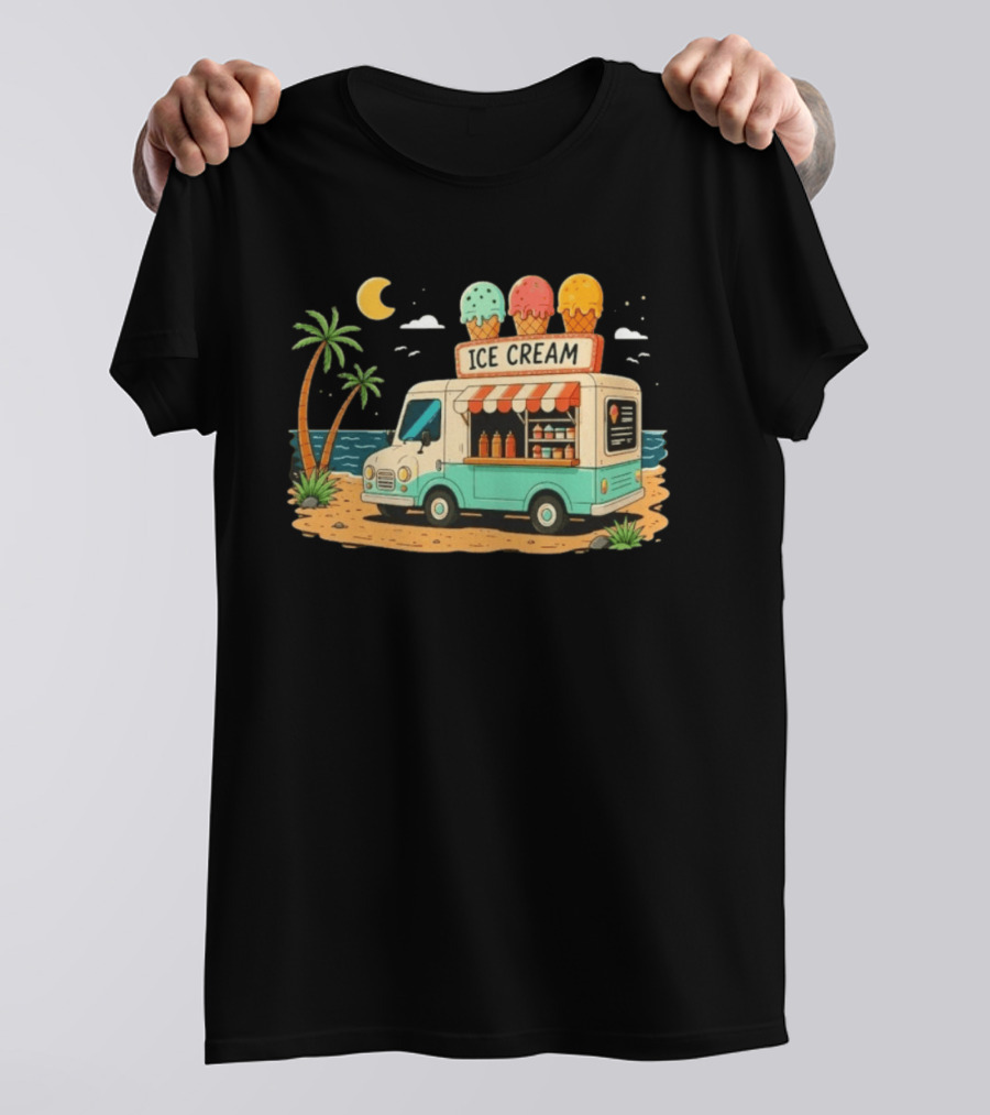 Ice Cream Truck Beach Night Tropical Ocean Summer Waves T-Shirt