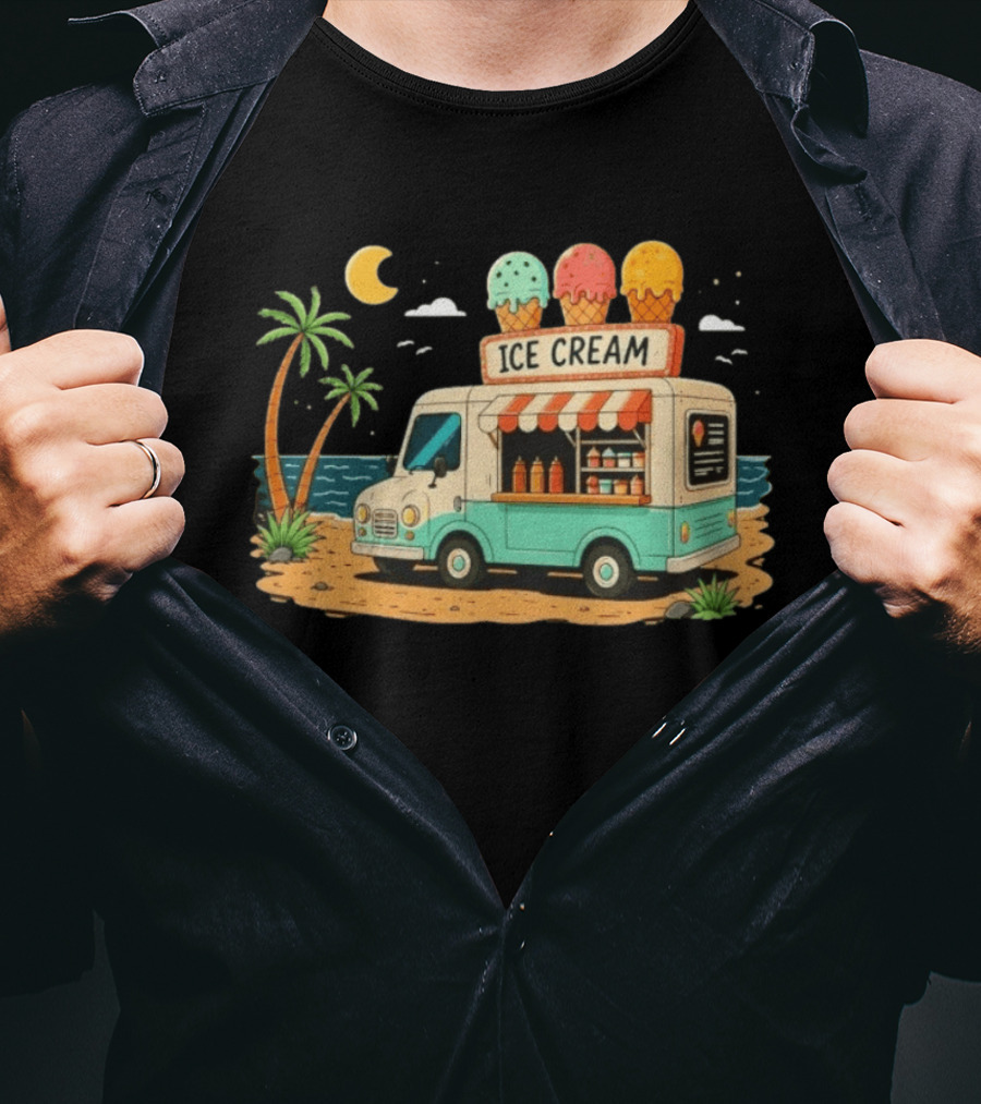 Ice Cream Truck Beach Night Tropical Ocean Summer Waves T-Shirt