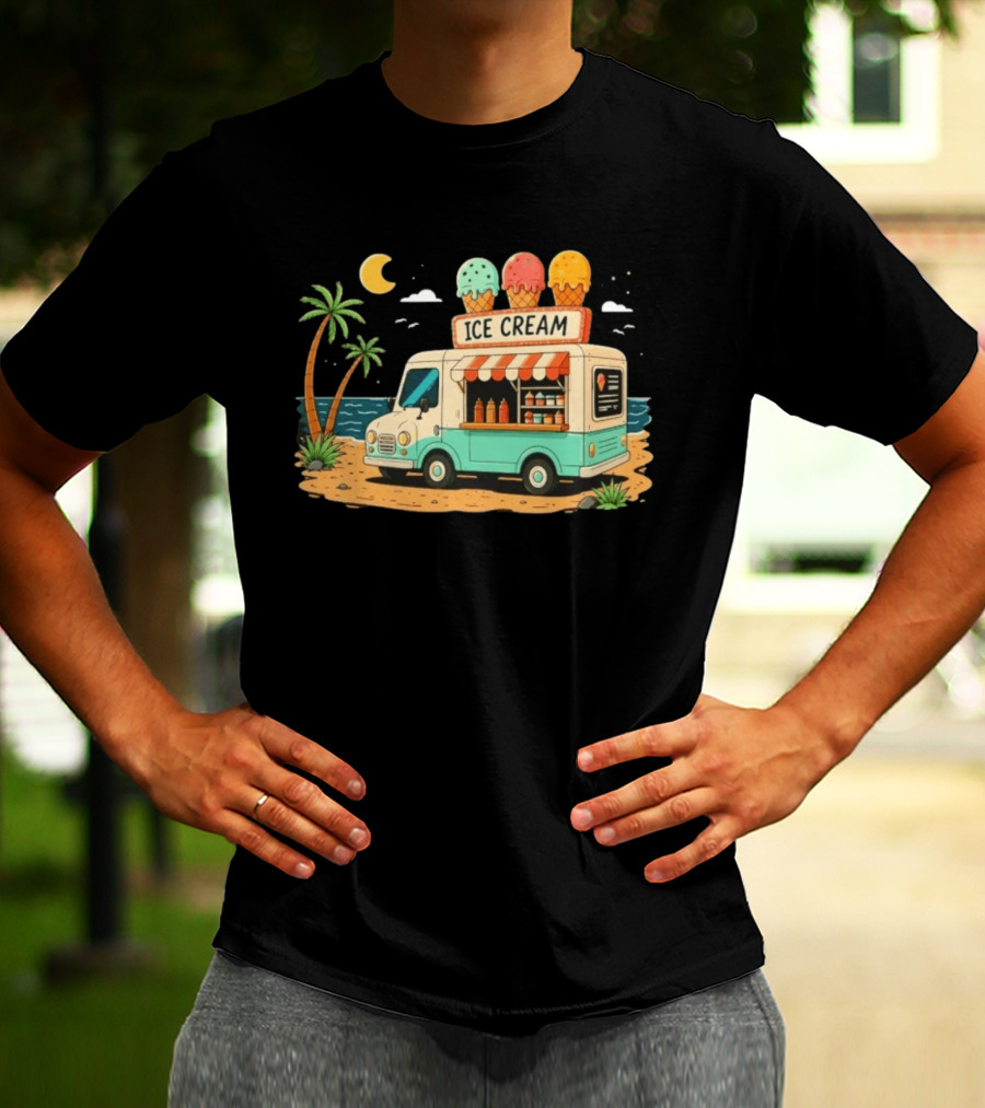 Ice Cream Truck Beach Night Tropical Ocean Summer Waves T-Shirt