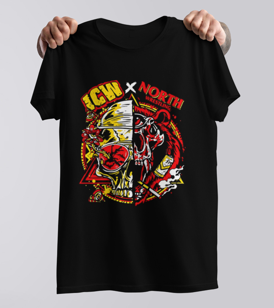 ICW X North Wrestling Split Skull Bear Head Concert Band T-Shirt