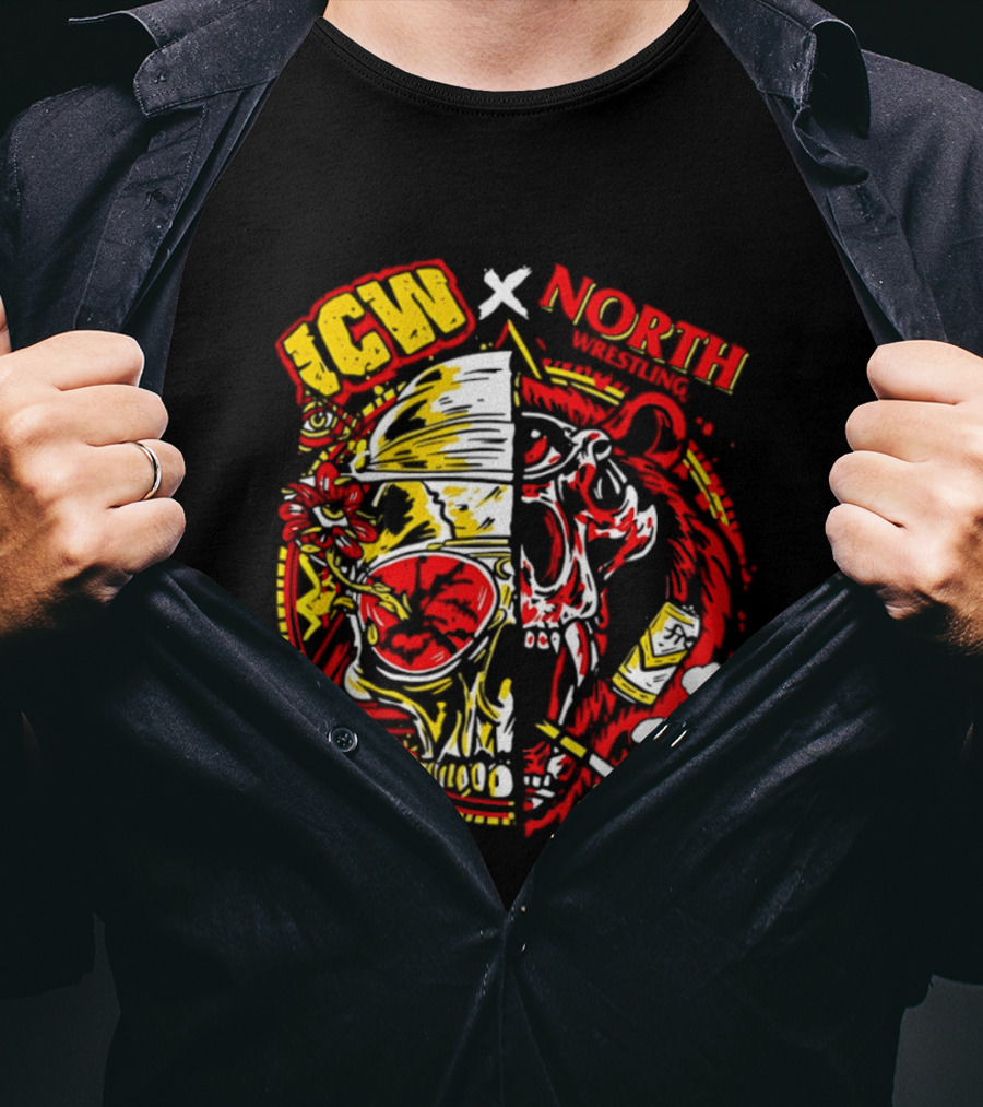 ICW X North Wrestling Split Skull Bear Head Concert Band T-Shirt