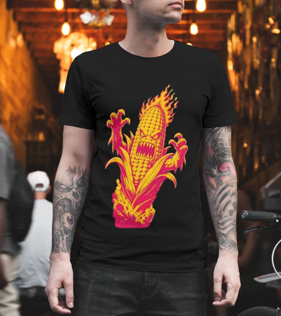 Fiery Mutant Corn Monster Kernels Of Terror Halloween Evil Cob T-Shirt