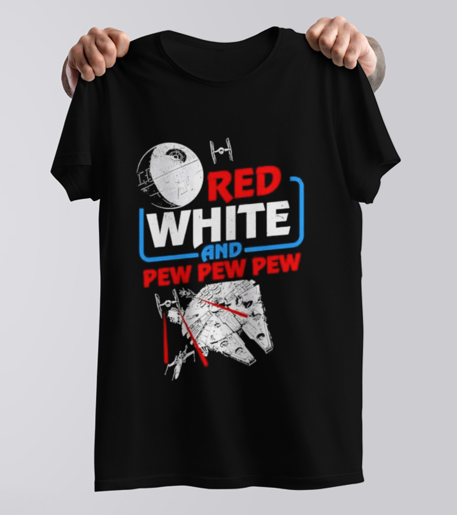 Star Wars Millennium Falcon Red White And Pew Pew Pew Death Star Tie Fighter T-Shirt