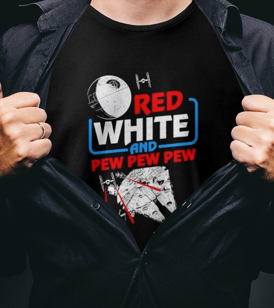 Star Wars Millennium Falcon Red White And Pew Pew Pew Death Star Tie Fighter T-Shirt