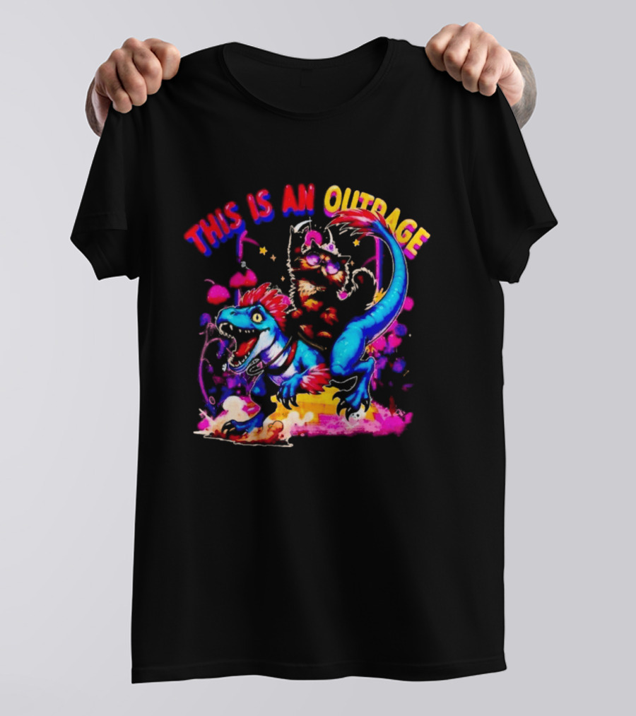 This Is An Outrage Cat Riding Blue Raptor Dinosaur Jurassic T-Shirt
