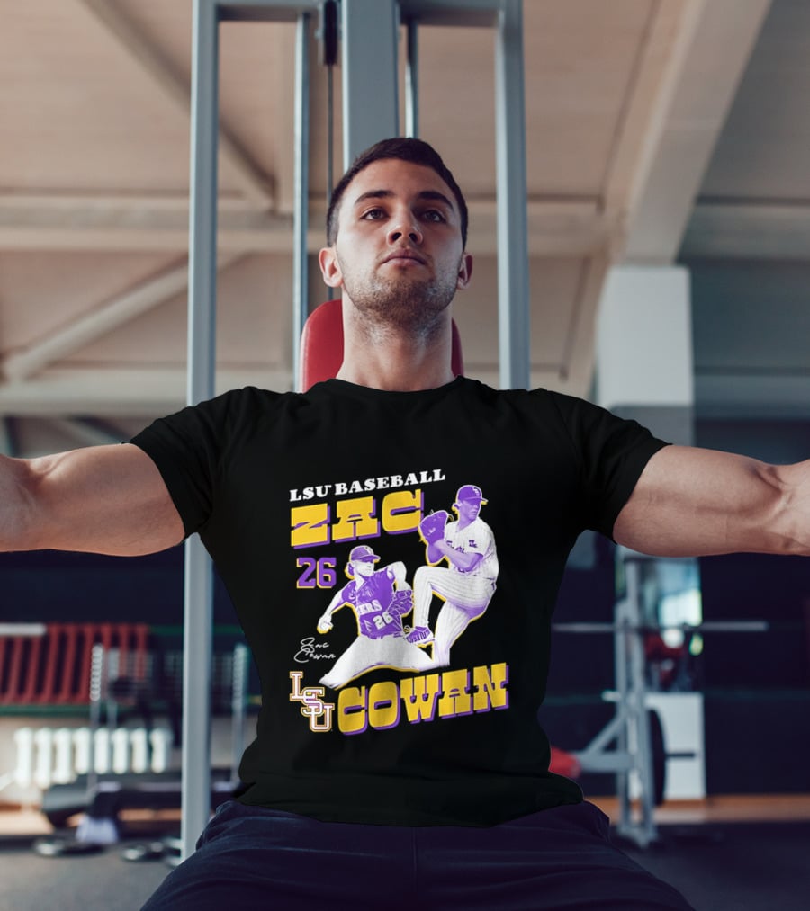 LSU Baseball Zac Cowan 26 Pitching Action Pose T-Shirt