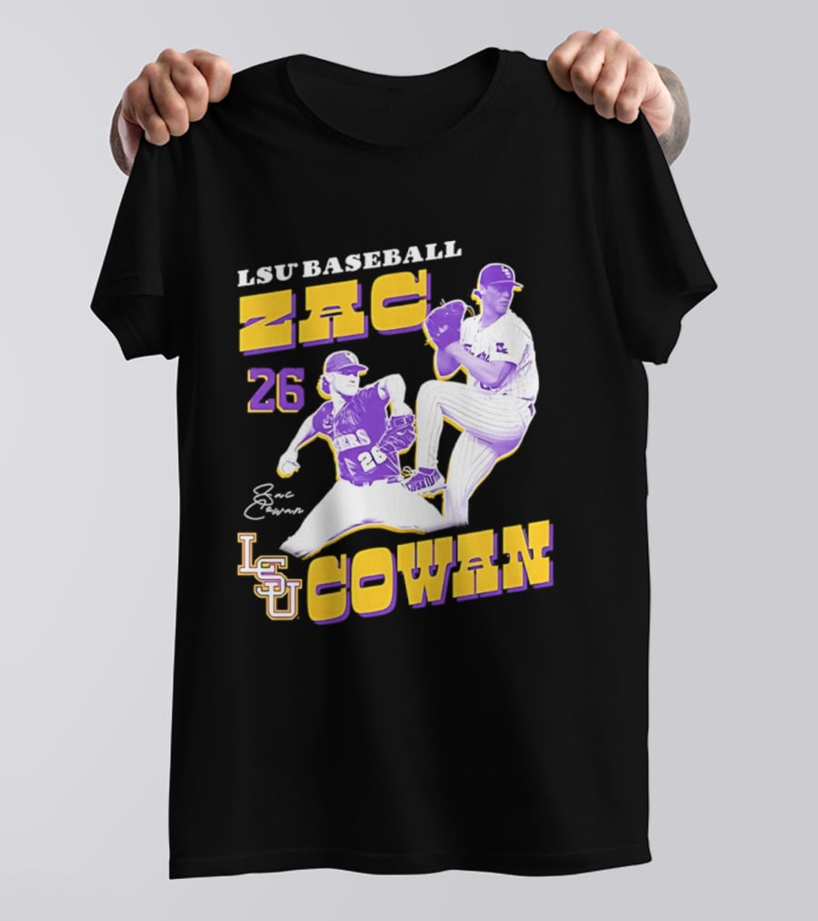 LSU Baseball Zac Cowan 26 Pitching Action Pose T-Shirt