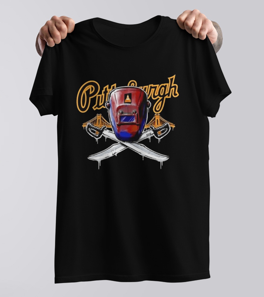 Pittsburgh Welding Mask Crossed Swords Bridge City Steel Construction Cone T-Shirt