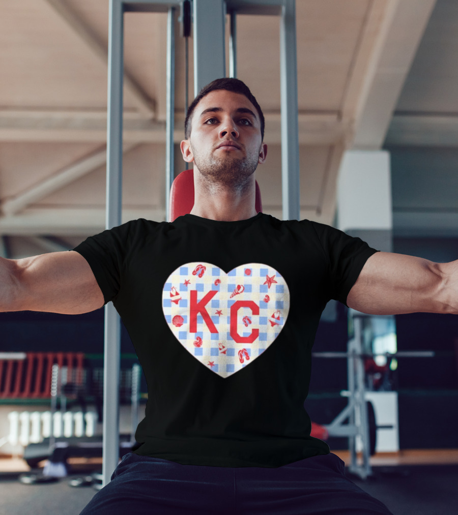 KC Heart Summertime Oatmeal Checkered Seashells And Starfish T-Shirt