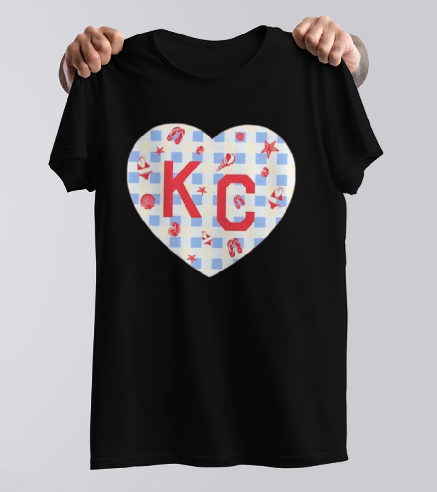 KC Heart Summertime Oatmeal Checkered Seashells And Starfish T-Shirt