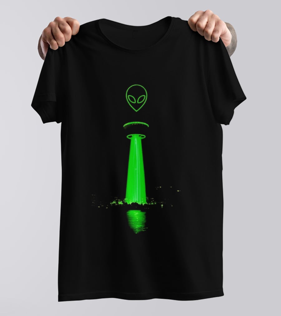 Victor Wamby Alien Spaceship Calgary Tower Abduction UFO Green Glow T-Shirt