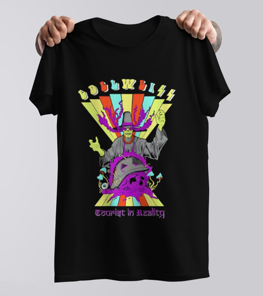 Edelweiss Skeleton Warlock Psychedelic Rainbow Tourist In Reality T-Shirt