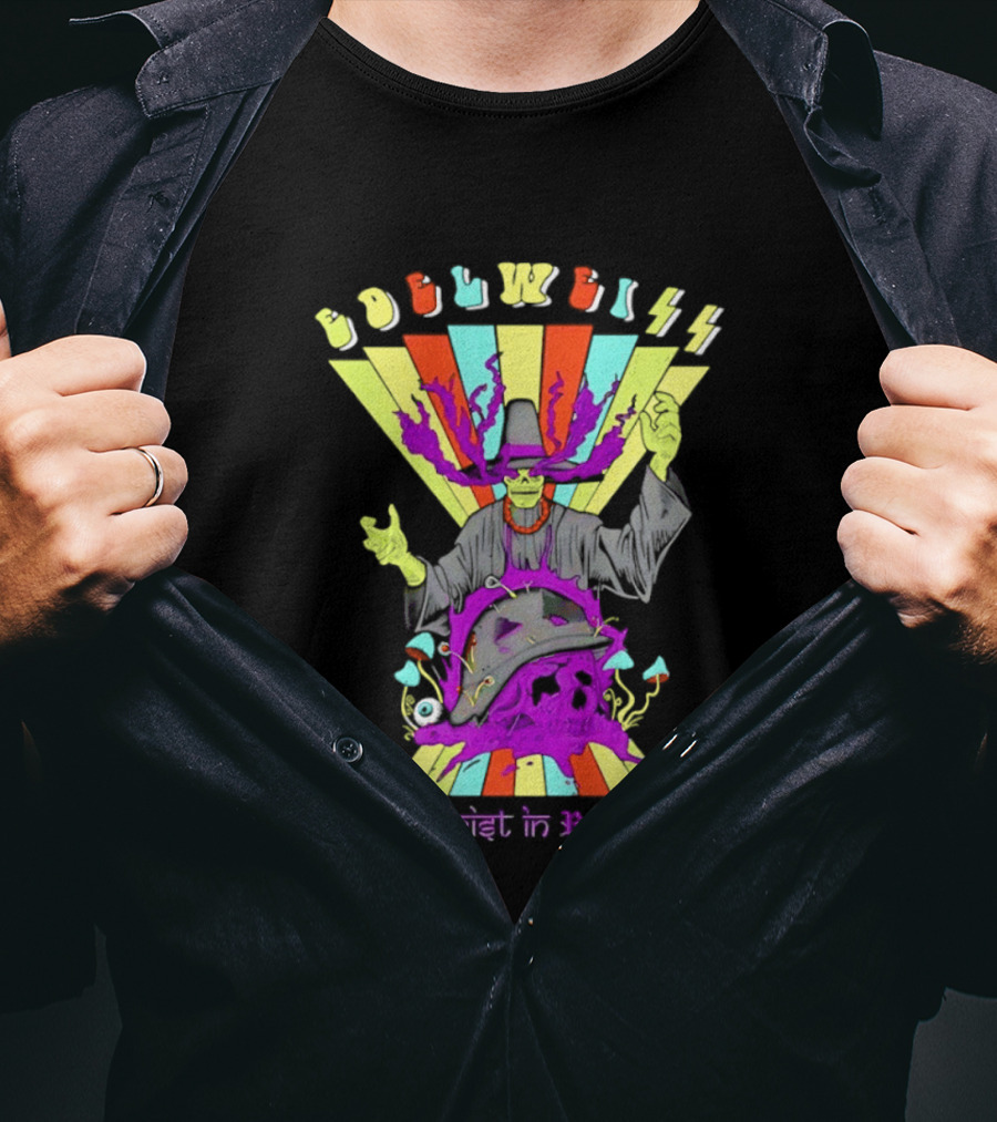 Edelweiss Skeleton Warlock Psychedelic Rainbow Tourist In Reality T-Shirt