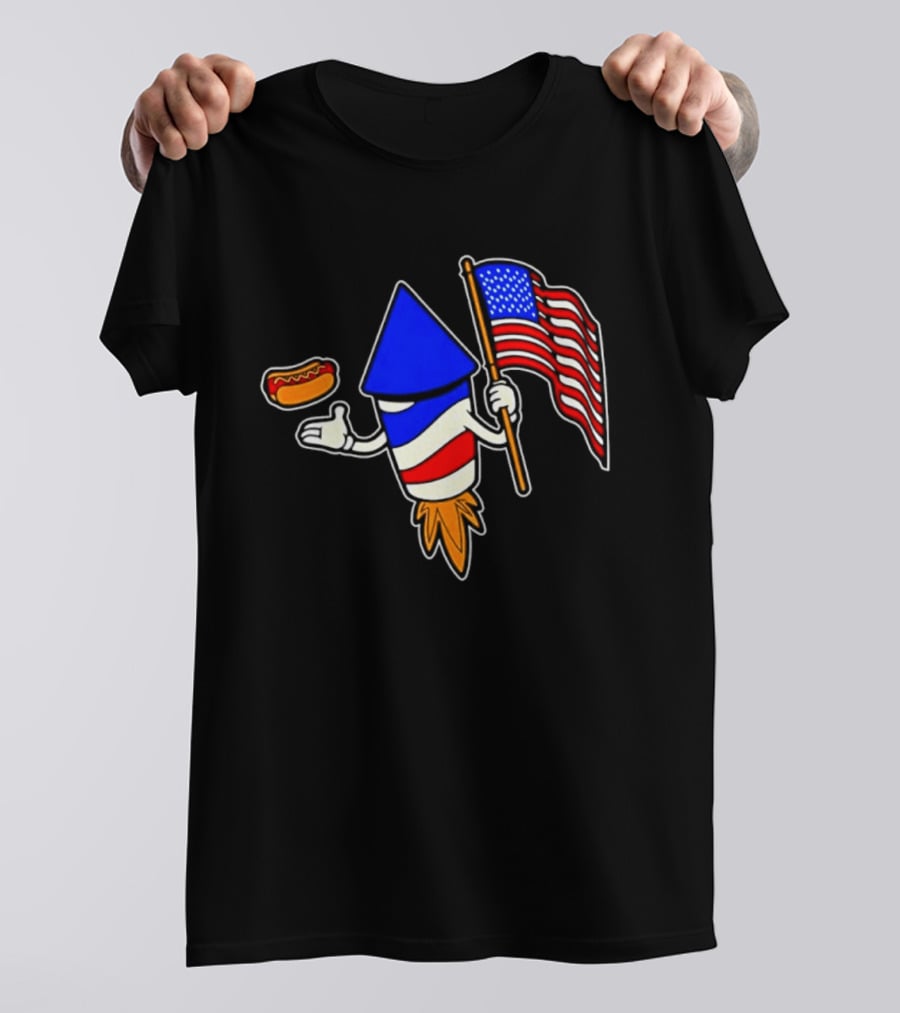 Fireworks Rocket American Flag And Hot Dog Celebration T-Shirt