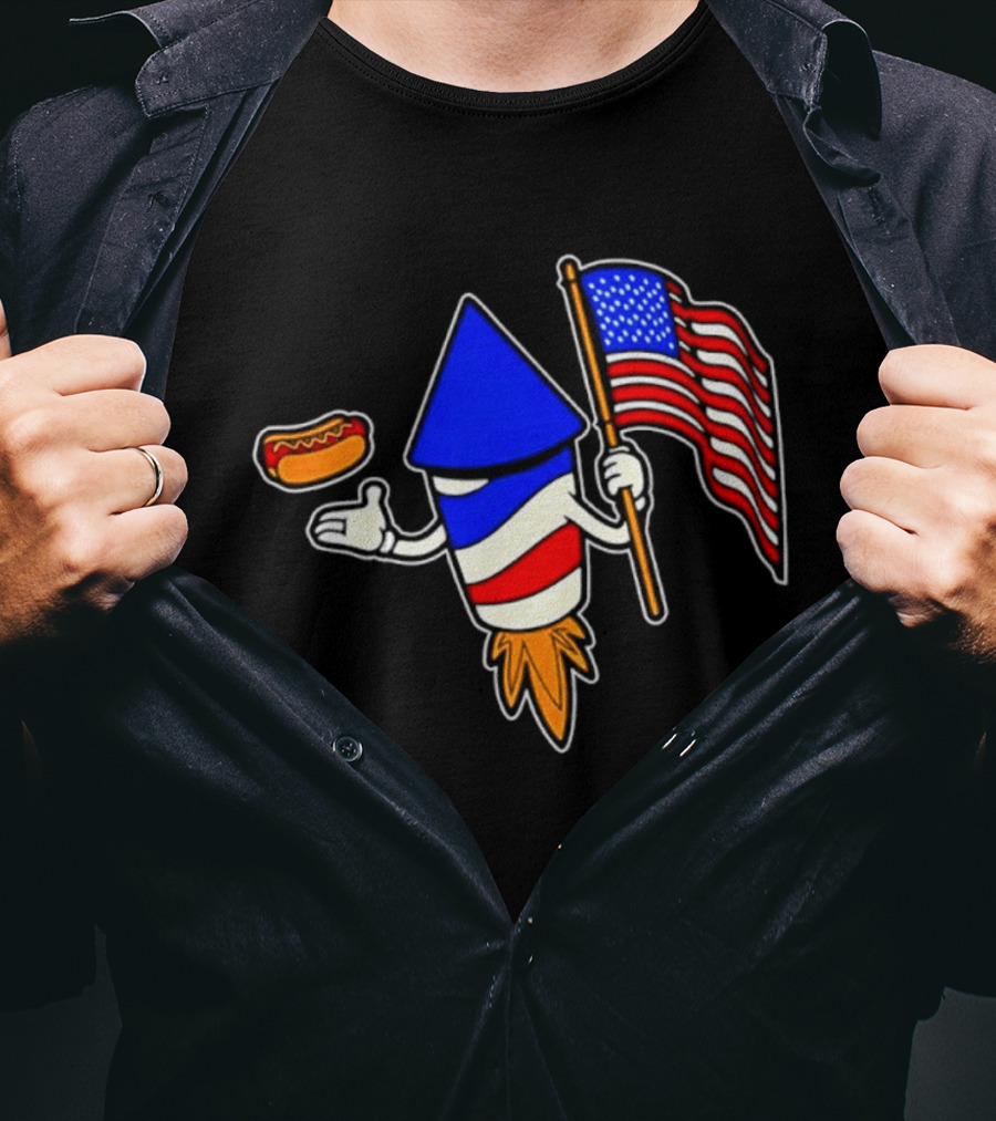 Fireworks Rocket American Flag And Hot Dog Celebration T-Shirt