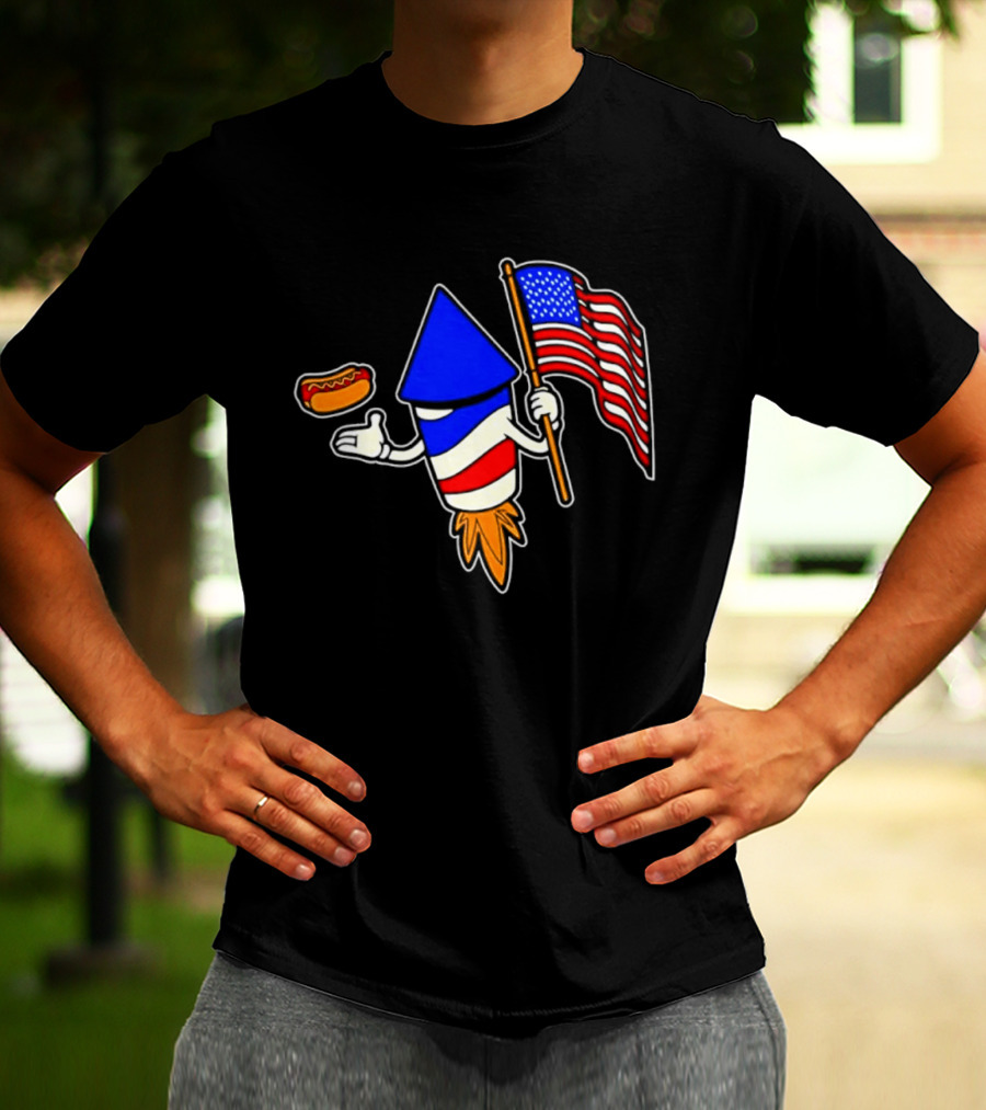 Fireworks Rocket American Flag And Hot Dog Celebration T-Shirt